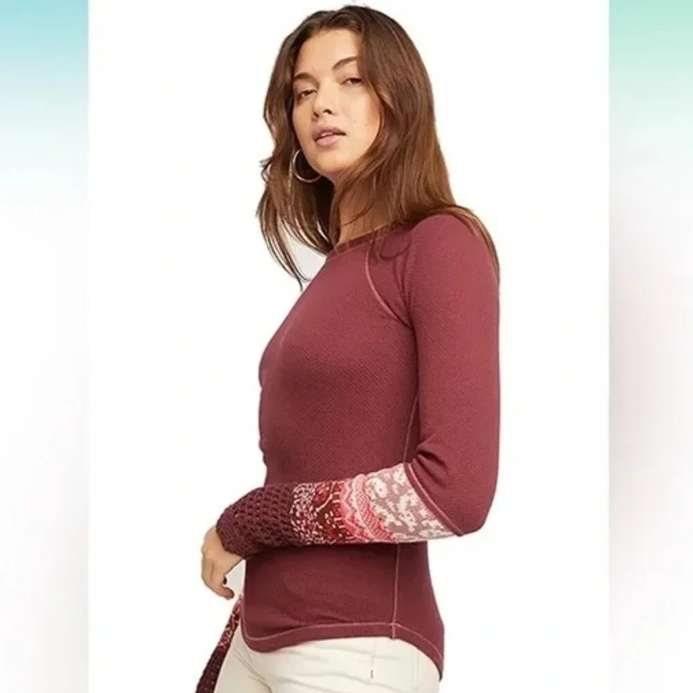 EUC Free People In The Mix Crochet Sleeve Top, Small, Rio Vino (Burgundy)
